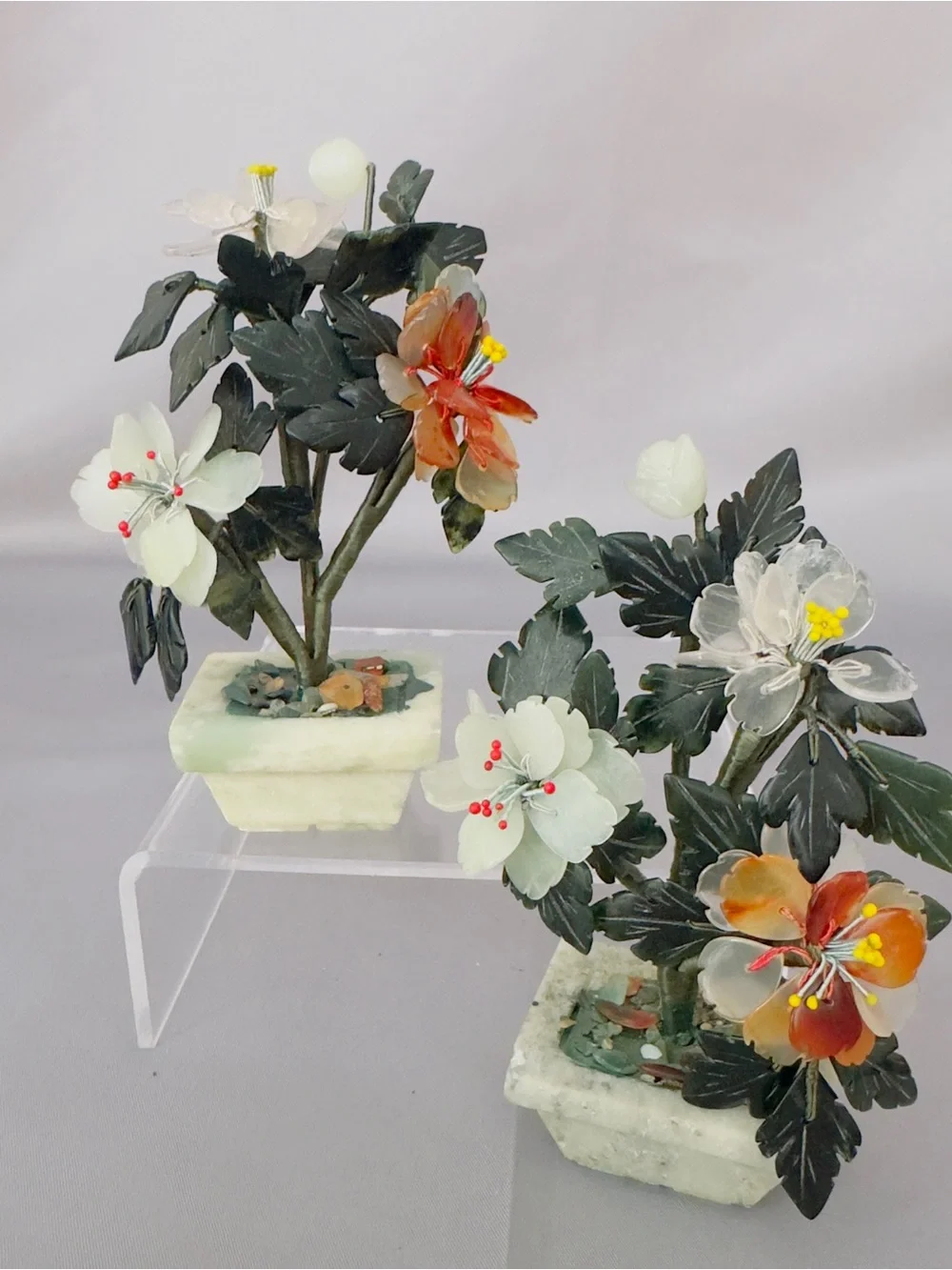 Asian Jade Hardstone Flower Bonsai Trees Jade Planter Pair - White and Orange